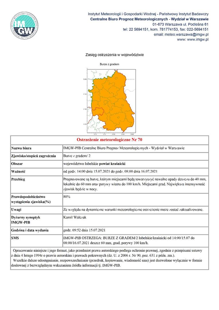 Ostrzeżenie meteorologiczne Nr 70 -Burze z gradem