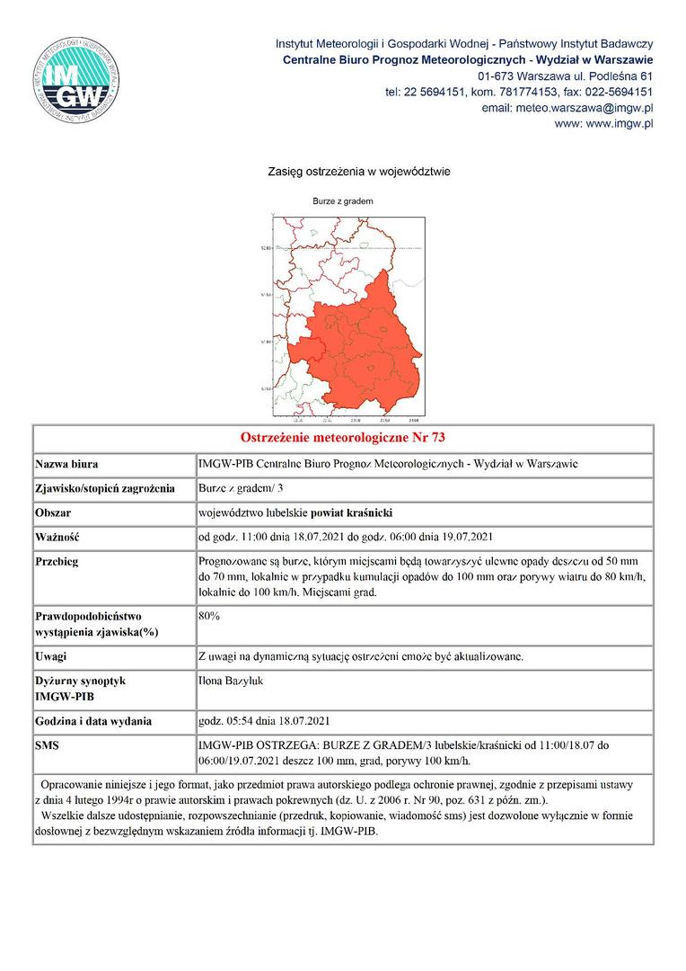 Ostrzeżenie meteorologiczne Nr 73 -Burze z gradem
