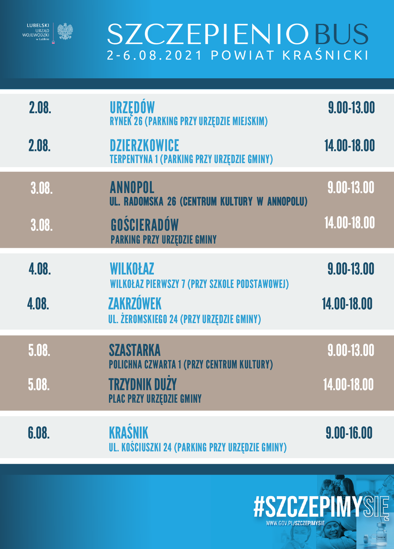 Harmonogram trasy szczepieniobusa w powiecie kraśnickim