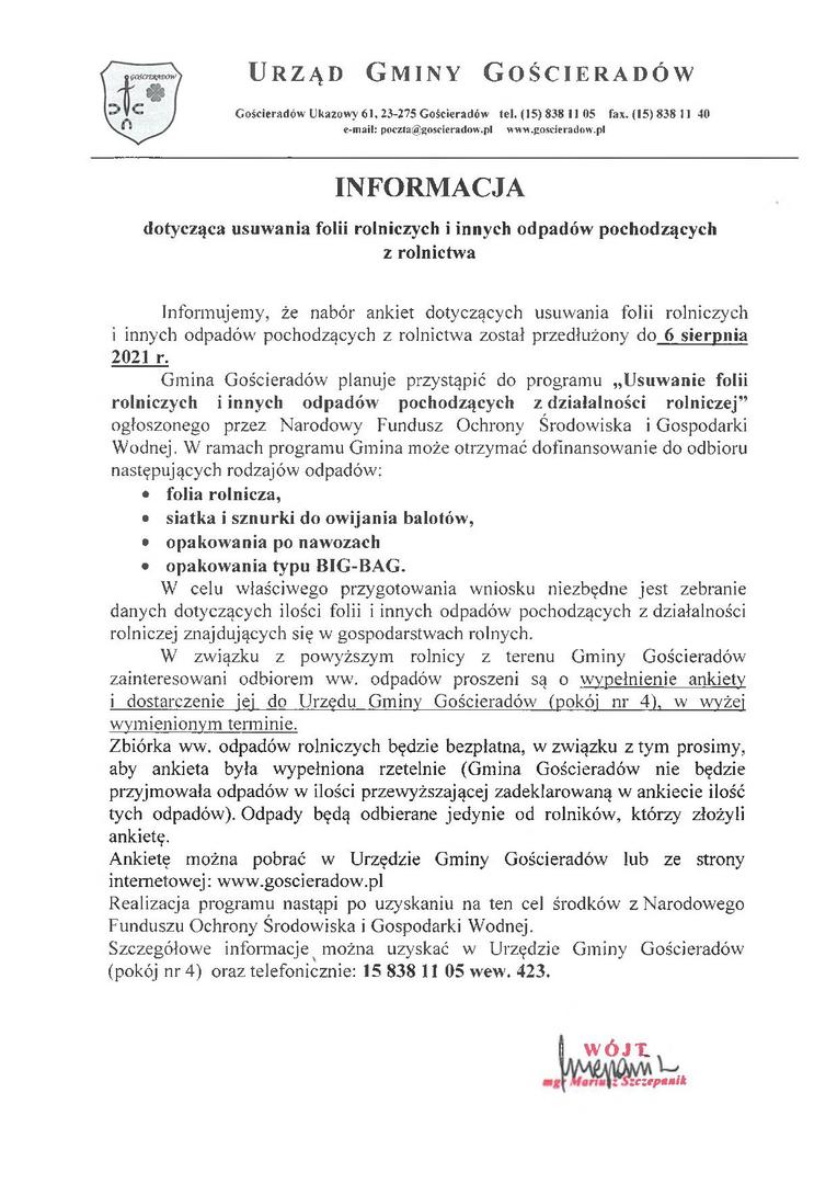 Informacja dotycząca usuwania folii rolniczych i innych odpadów pochodzących z rolnictwa