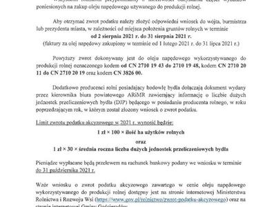 ZWROT PODATKU AKCYZOWEGO DLA ROLNIKÓW W II PÓŁROCZU 2021 ROKU -Informacja