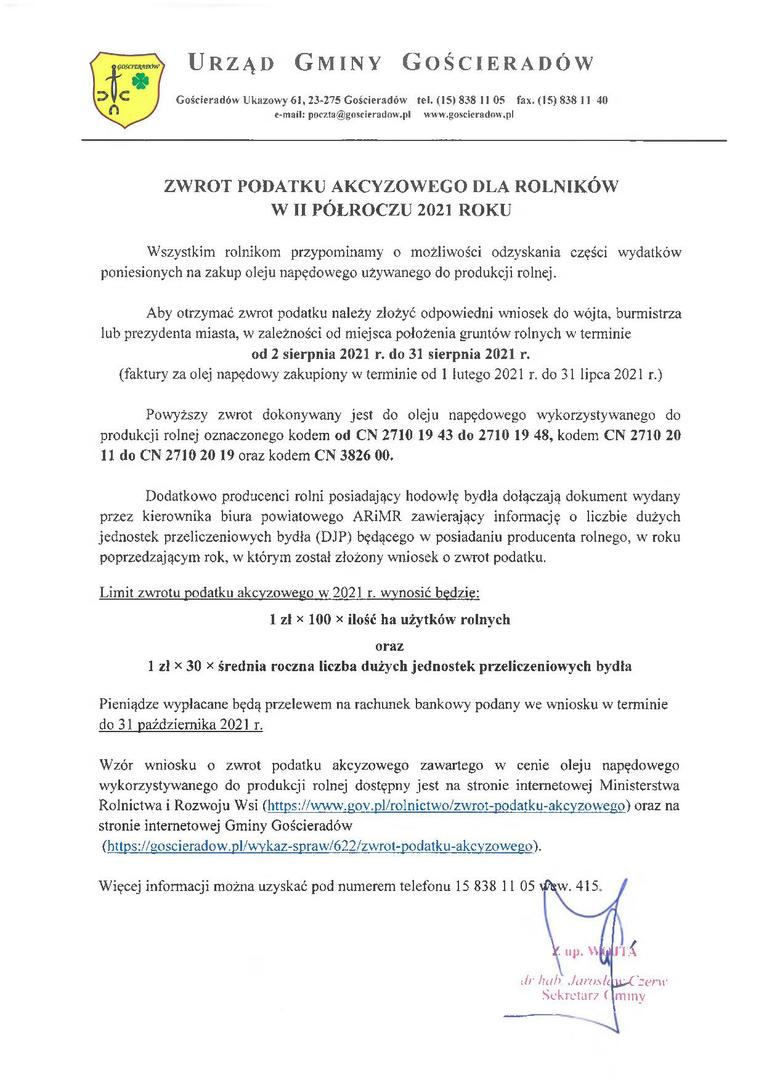ZWROT PODATKU AKCYZOWEGO DLA ROLNIKÓW W II PÓŁROCZU 2021 ROKU -Informacja