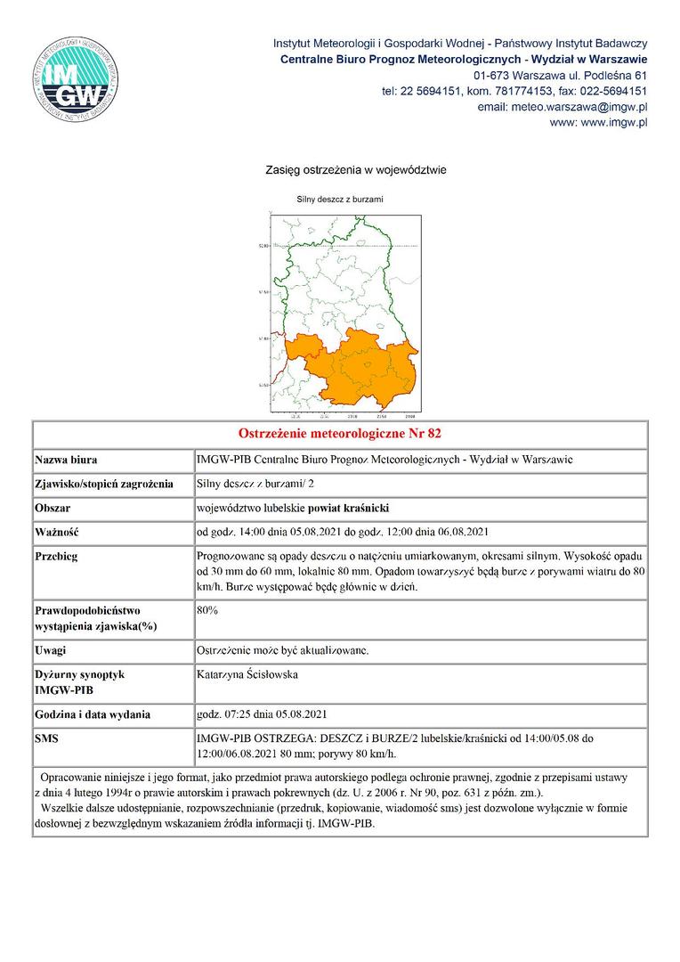 Ostrzeżenie meteorologiczne Nr 82 - silny deszcz z burzami