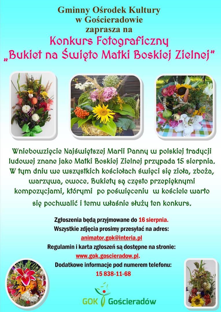 Plakat przedstawiający bukiety kwiatów, zboża, owoców i warzyw
