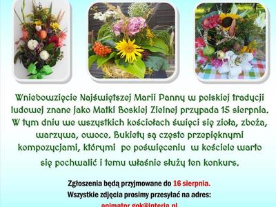 Plakat przedstawiający bukiety kwiatów, zboża, owoców i warzyw