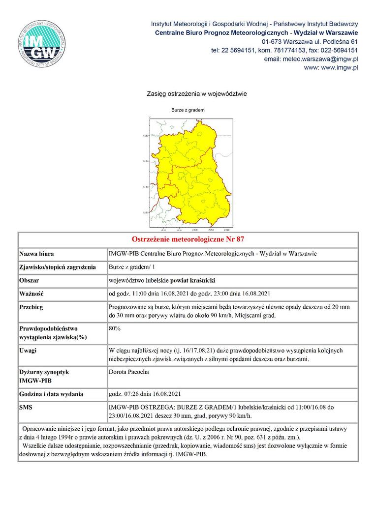 Ostrzeżenie meteorologiczne Nr 87 - Burze z gradem