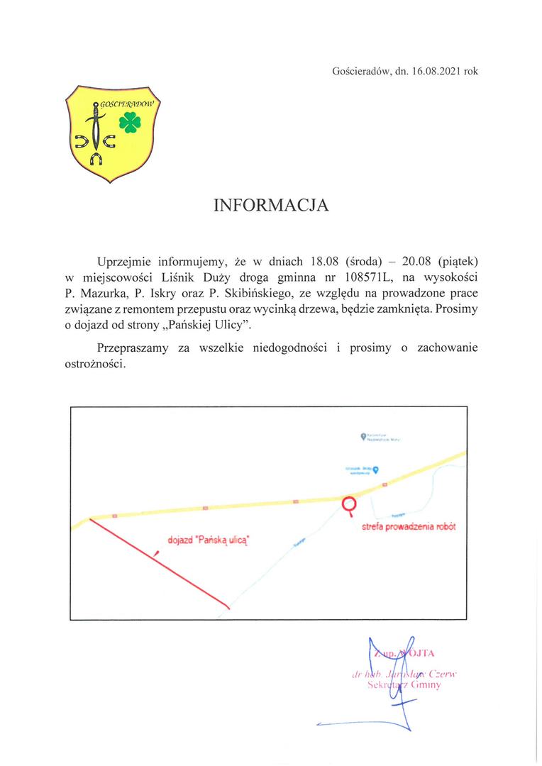 Informacja o zamknięciu drogi