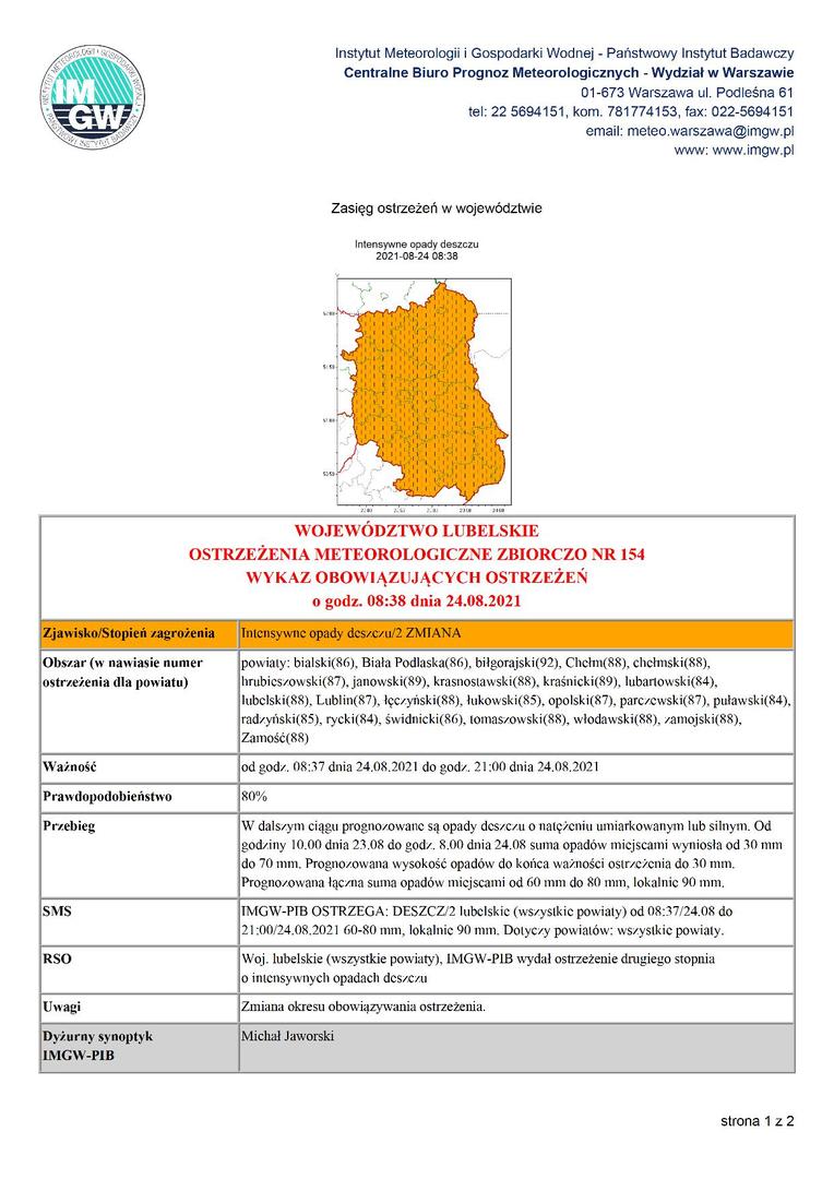 Opady deszczu - ostrzeżenie