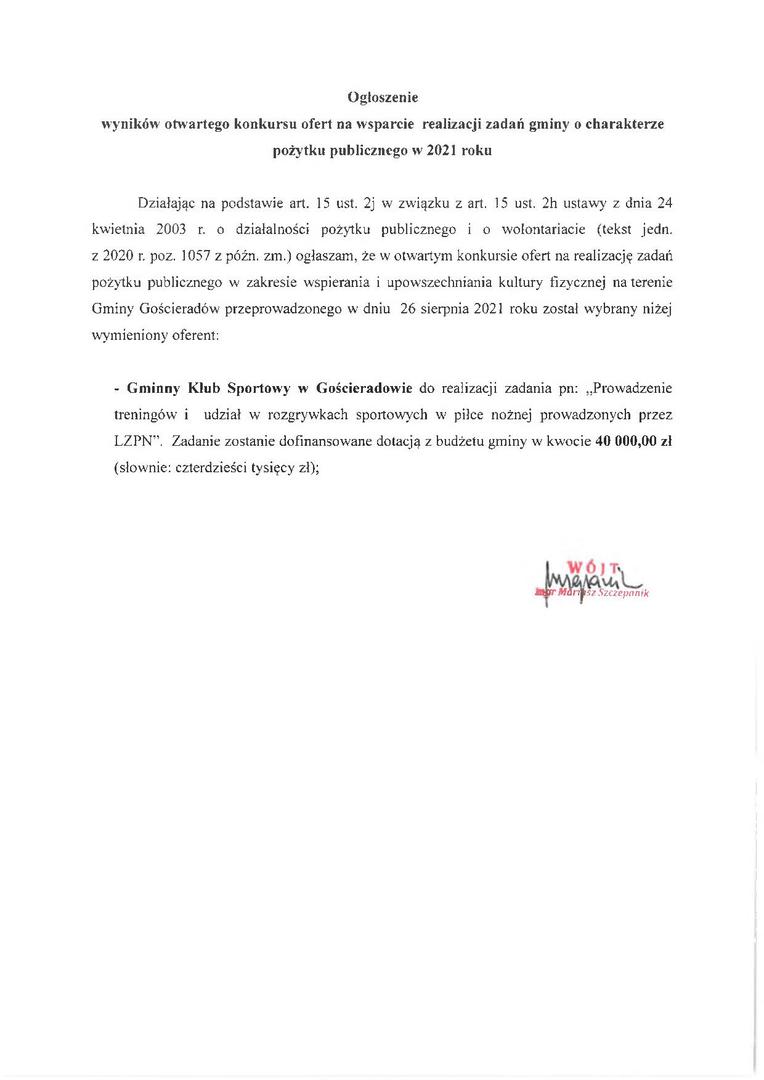 Ogłoszenie wyników otwartego konkursu ofert na wsparcie realizacji zadań gminy o charakterze pożytku publicznego w 2021 roku