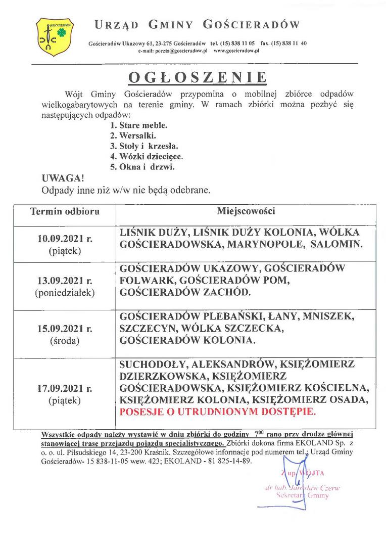 Zdjęcie ogłoszenia dotyczącego zbiórki odpadów
