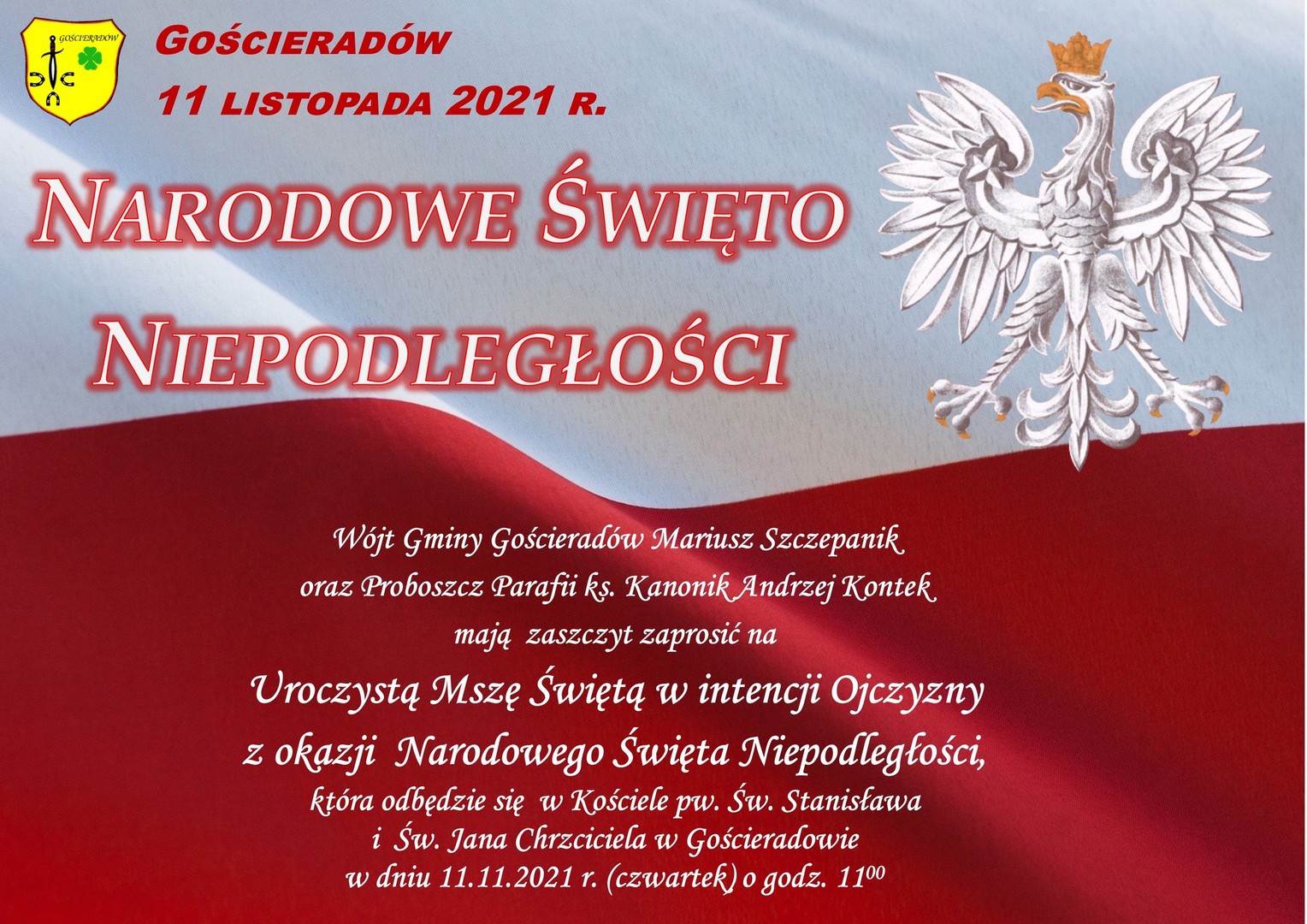 Grafika przedstawiająca zaproszenie na uroczystości zawierająca elementy flagi, godło Polski, oraz tekst zaproszenia