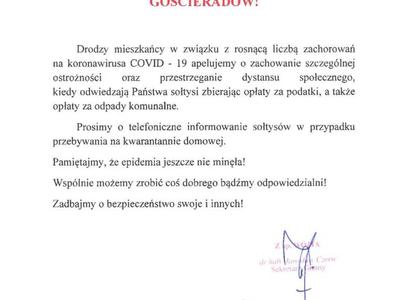 Zdjęcie apelu do mieszkańców z herbem gminy