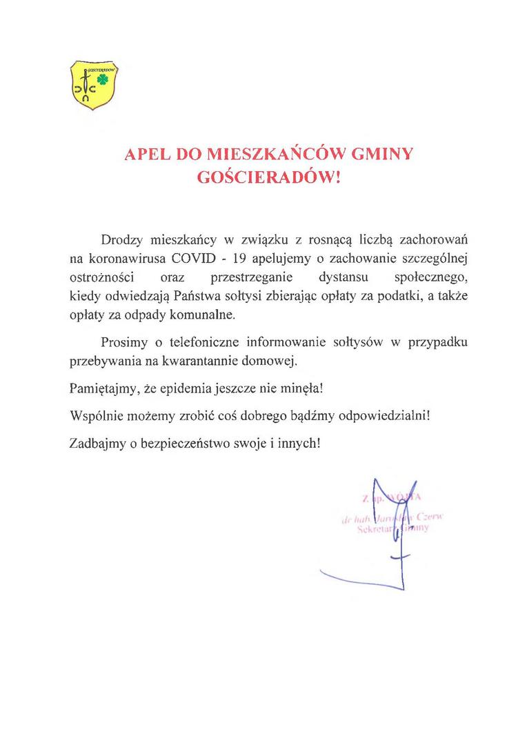 Zdjęcie apelu do mieszkańców z herbem gminy