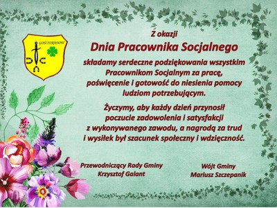 Grafika przedstawiająca herb gminy, bukiet kwiatów oraz treść życzeń.