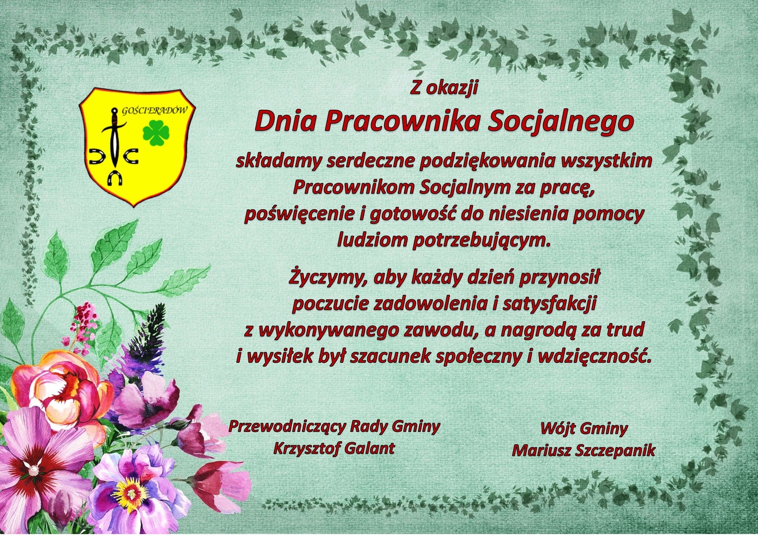 Grafika przedstawiająca herb gminy, bukiet kwiatów oraz treść życzeń.