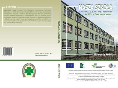 Okładka książki przedstawiająca budynek szkoły, tytuł oraz autora książki