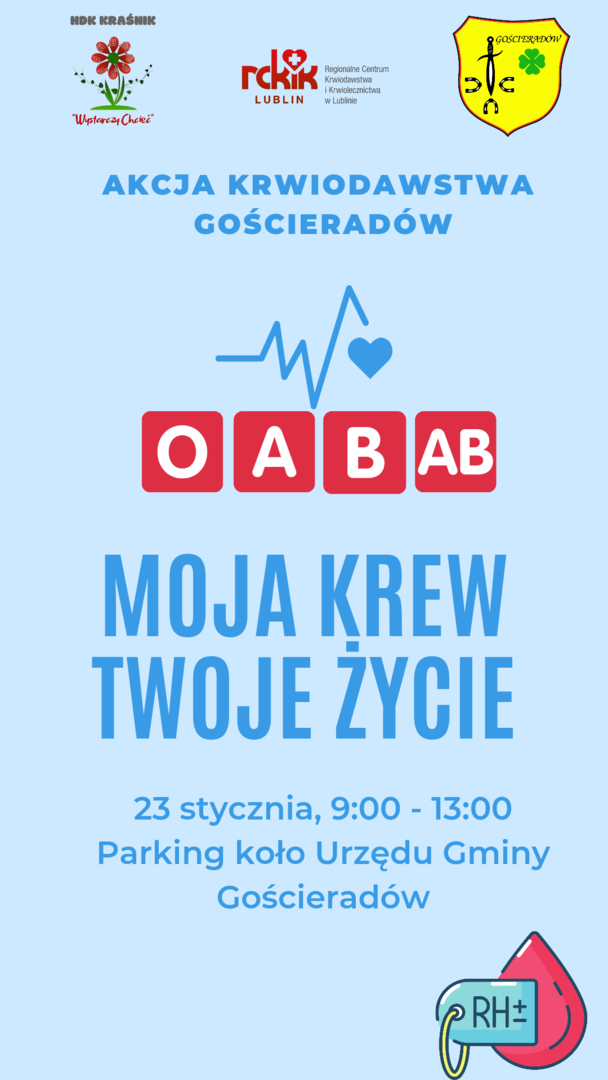 Zdjęcie plakatu przedstawiającego loga organizatorów oraz kroplę krwi