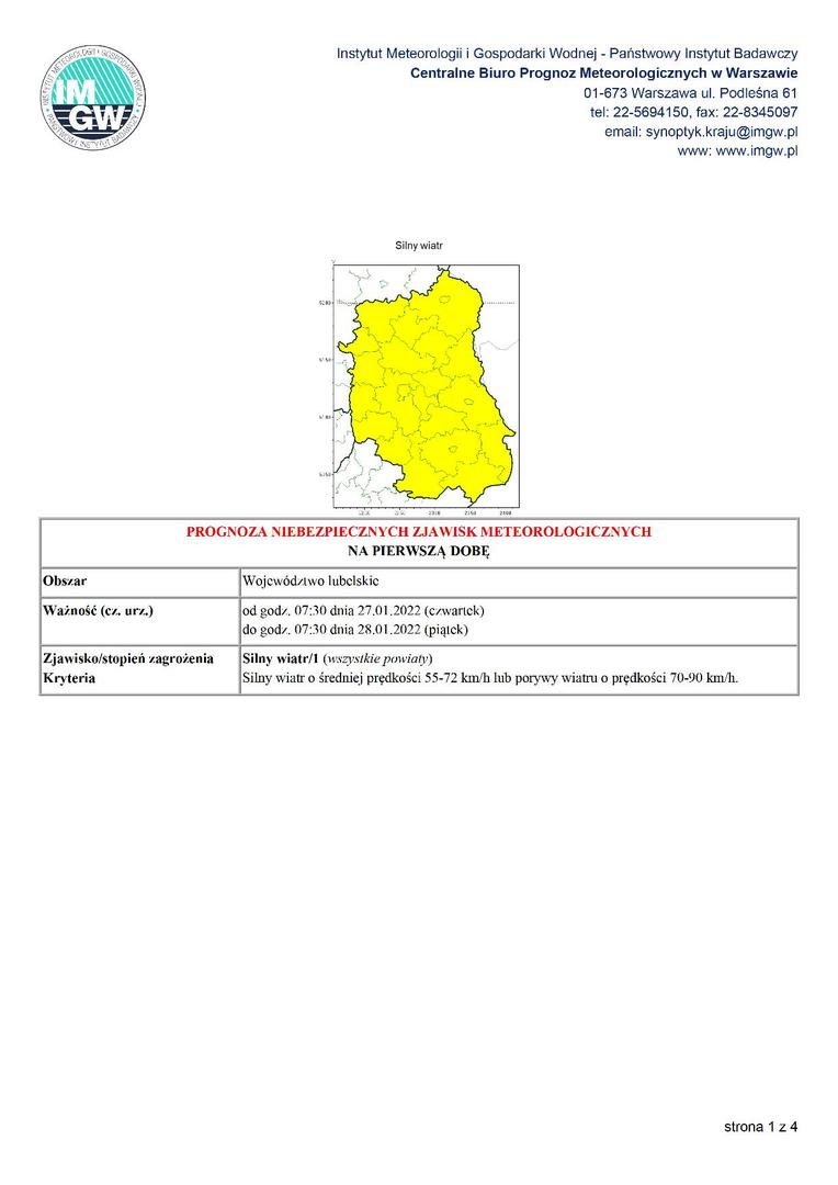 Zdjęcie mapy województwa lubelskiego z ostrzeżeniem meteorologicznym