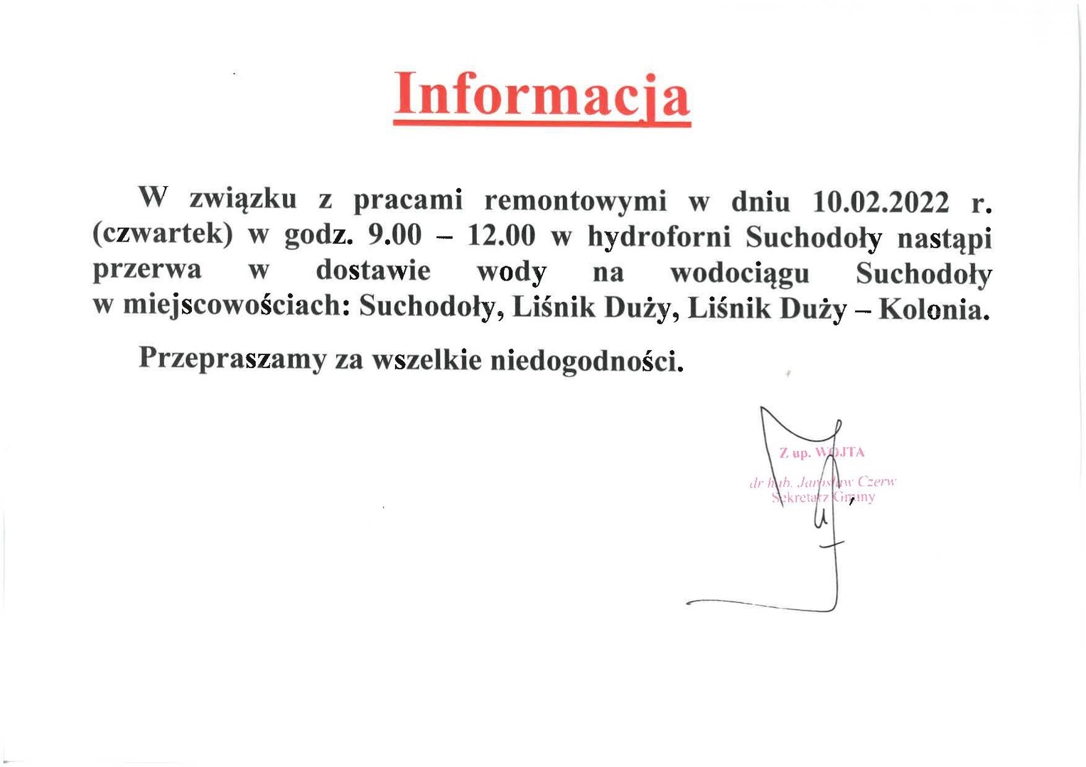 Zdjęcie informacji o przerwie w dostawie wody