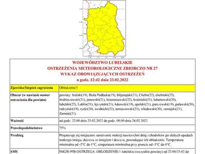 Zdjęcie mapy województwa lubelskiego z ostrzeżeniem o oblodzeniu