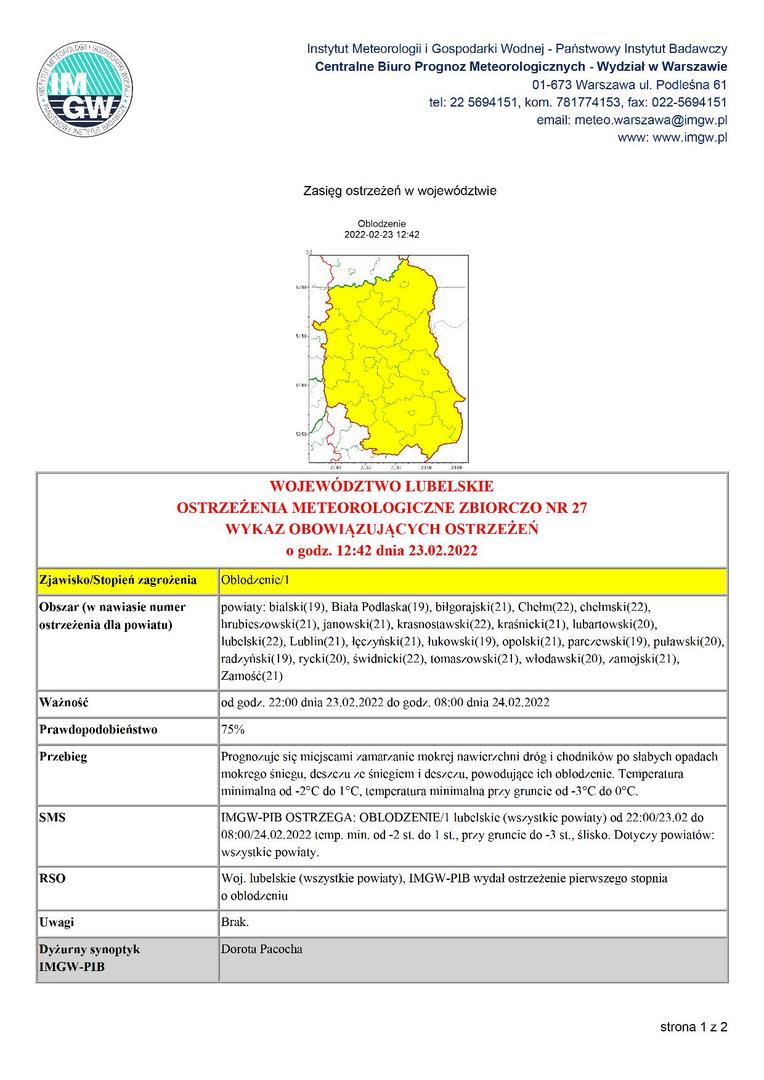 Zdjęcie mapy województwa lubelskiego z ostrzeżeniem o oblodzeniu