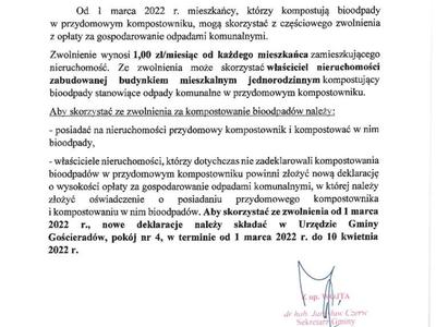 Zdjęcie informacji o zwolnieniu z części opłat za gospodarowanie odpadami komunalnymi