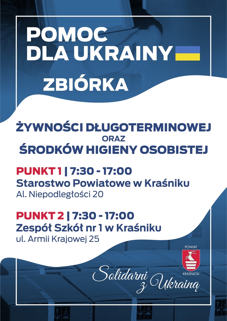 Zdjęcie plakatu z flagą Ukrainy i logiem Starostwa Powiatowego w Kraśniku