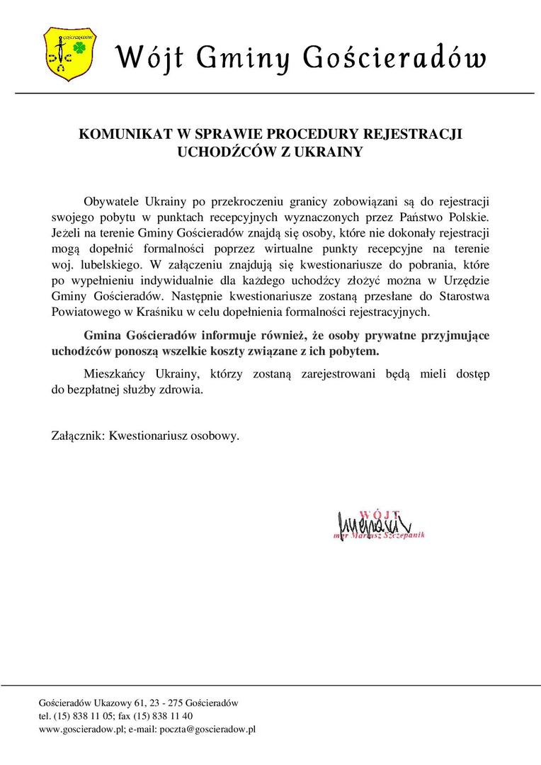 Komunikat Wójta Gminy Gościeradów