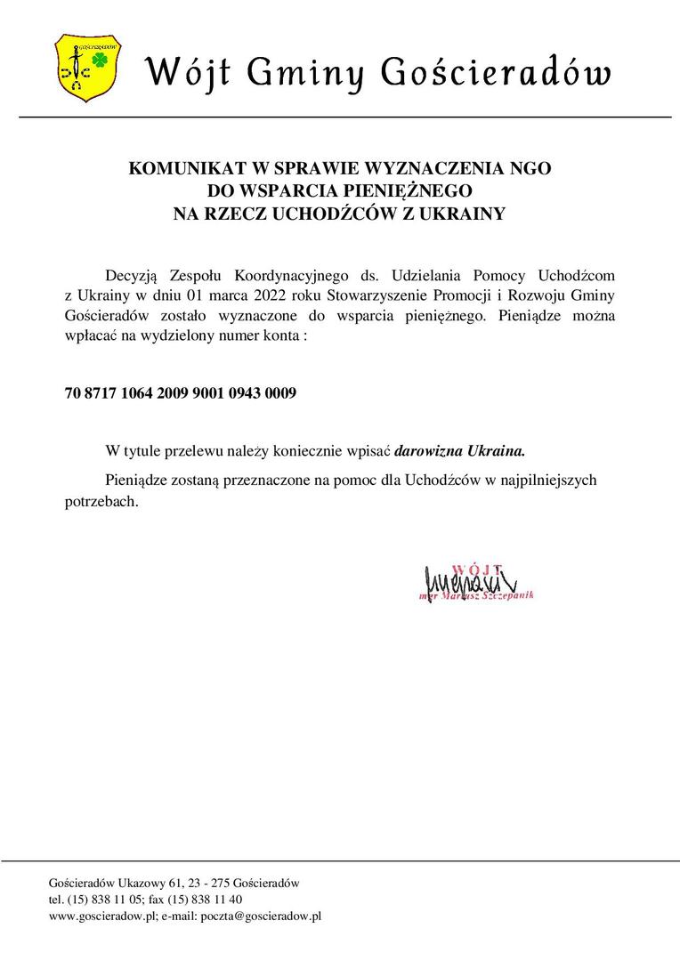 Komunikat Wójta Gminy Gościeradów