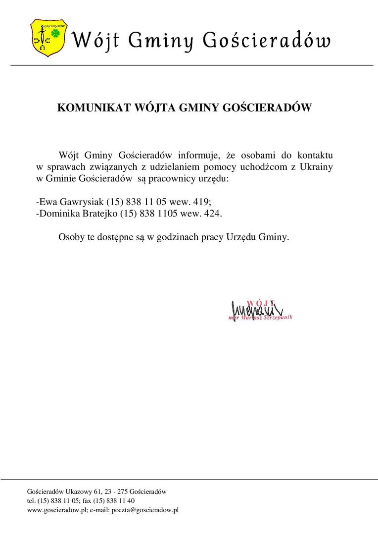 Komunikat Wójta Gminy Goscieradów