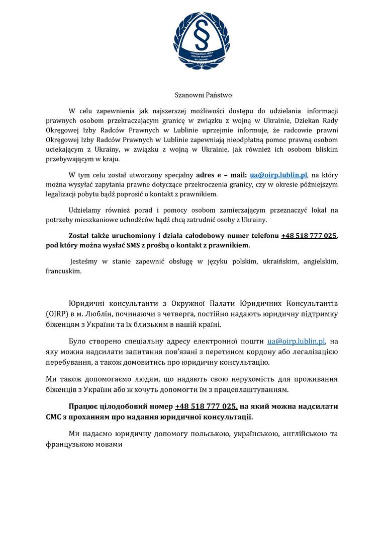 Komunikat bezpłatnej pomocy prawnej