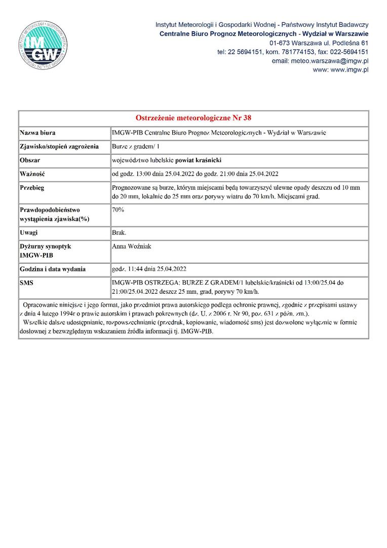 Zdjęcie ostrzeżenia o burzach z gradem