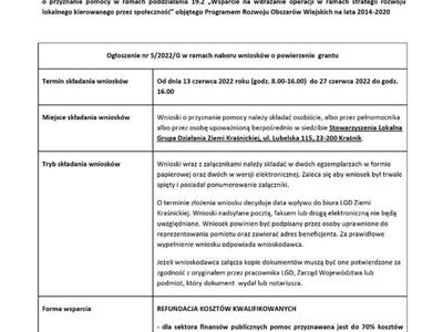 Zdjęcie ogłoszenia nr 5/2022/G w ramach naboru wniosków o powierzenie grantu