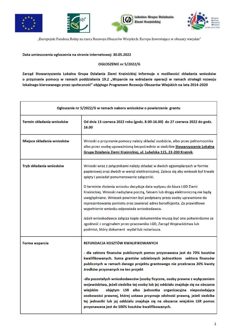 Zdjęcie ogłoszenia nr 5/2022/G w ramach naboru wniosków o powierzenie grantu