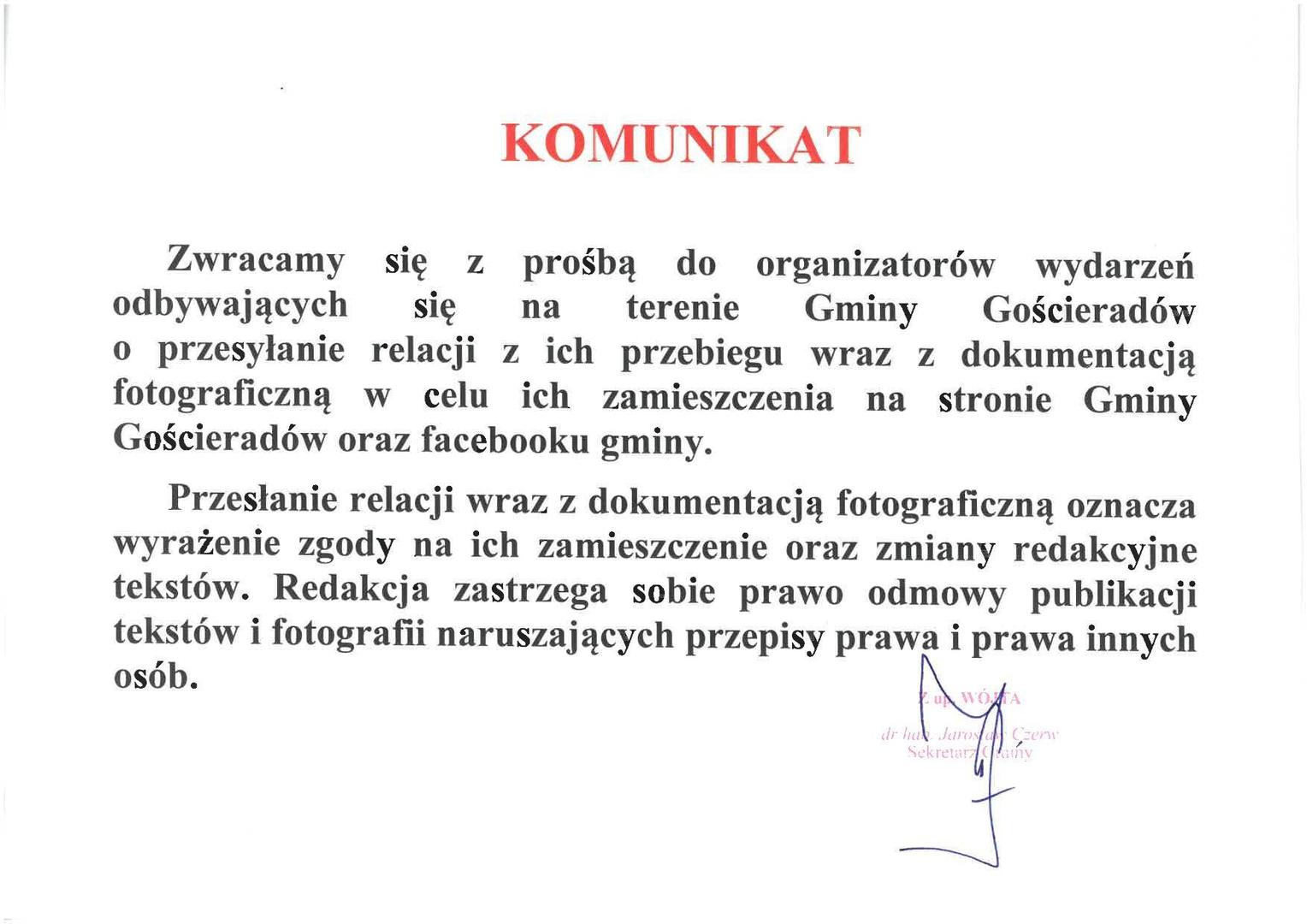 Skan dokumentu z treścią komunikatu