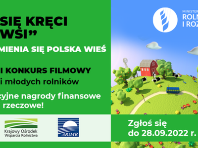 Plakat promujący konkurs. Grafika zawiera: trawę, budynek rolniczy, chmury oraz tekst i loga patrtnerów