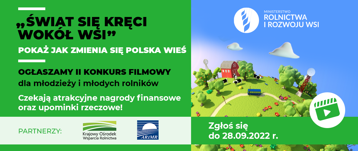 Plakat promujący konkurs. Grafika zawiera: trawę, budynek rolniczy, chmury oraz tekst i loga patrtnerów