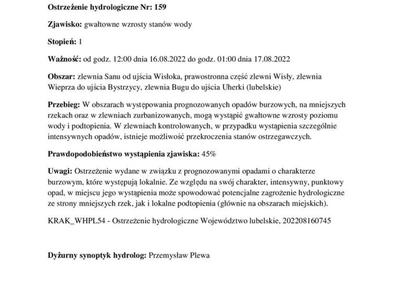 Zdjęcie ostrzeżenia hydrologicznego