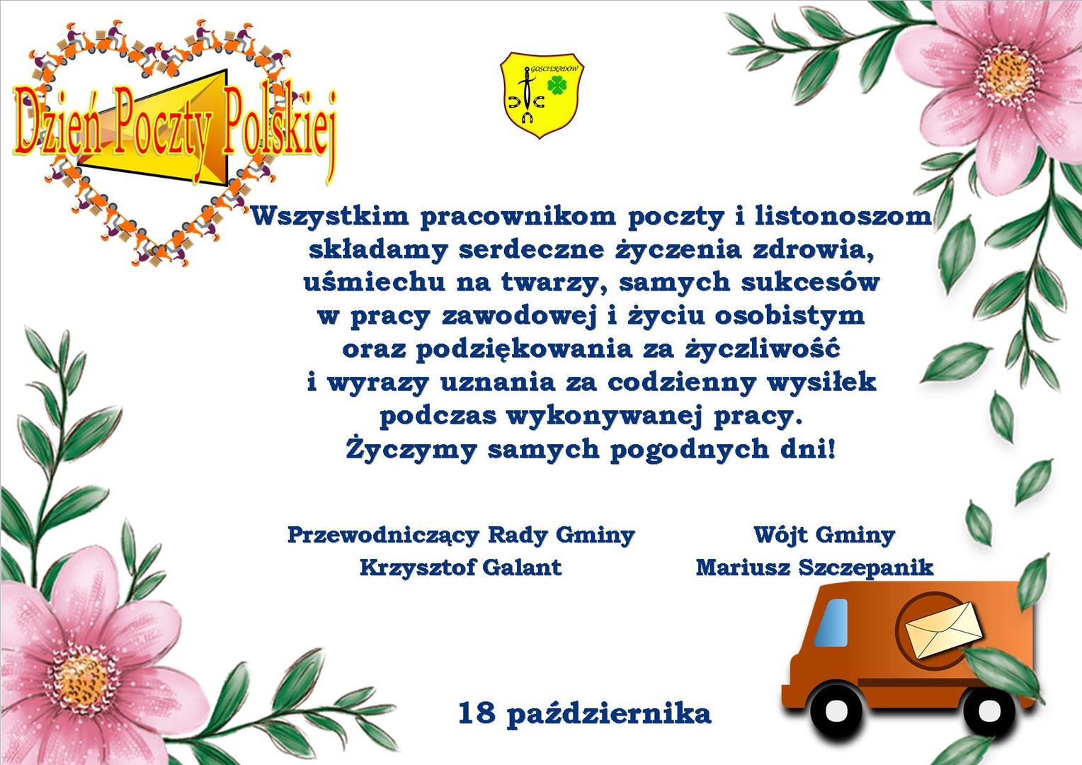 Zdjęcie kwiatów z życzeniami z okazji Dnia Poczty Polskiej