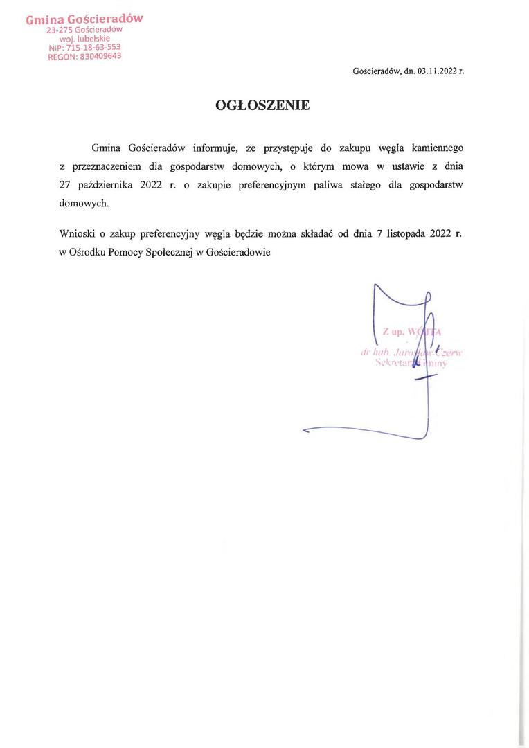 Zdjęcie przedstawiające treść ogłoszenia