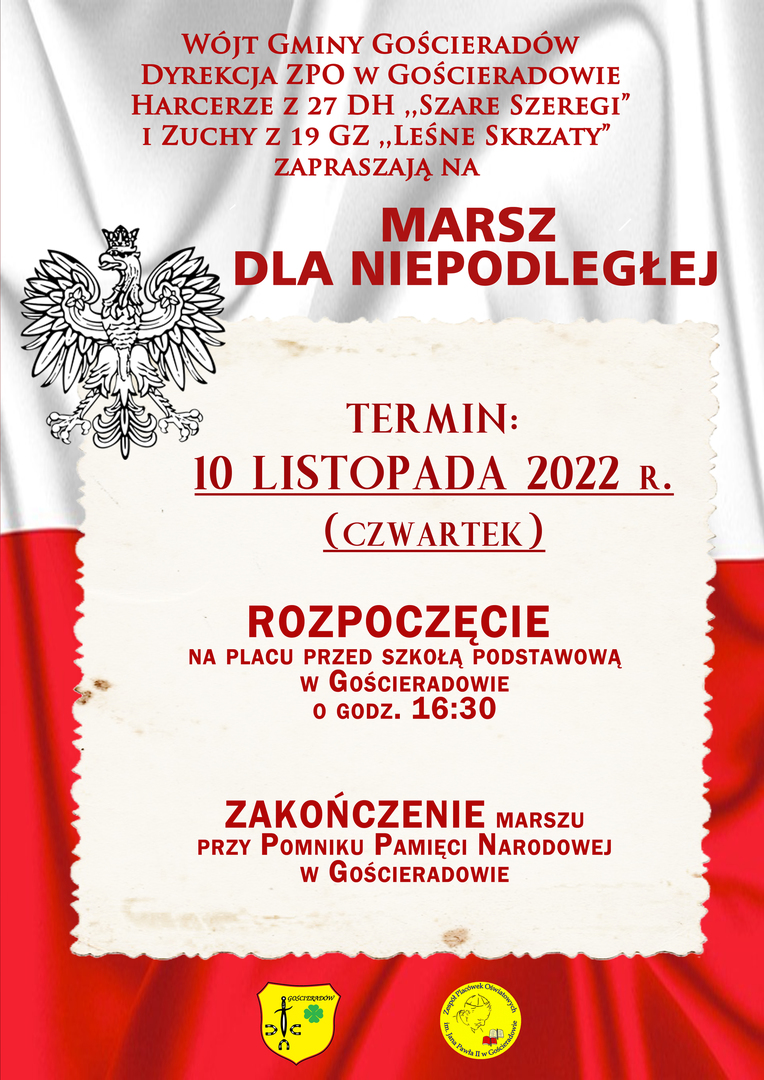 Zdjęcie flagi i godła Polski z informacją zapraszającą na MARSZ DLA NIEPODLEGŁEJ