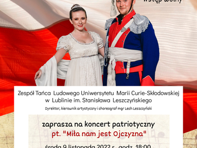 Zdjęcie plakatu zapraszającego na koncert z kobietą i mężczyzną w strojach ludowych