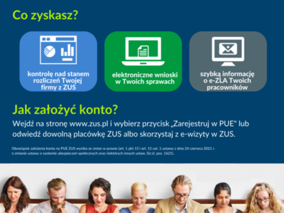 Zdjęcie plakatu z grupą osób przed urządzeniami elektronicznymi