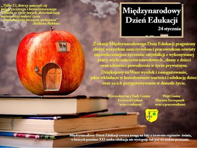 Zdjęcie książek z jabłkiem wraz z życzeniami