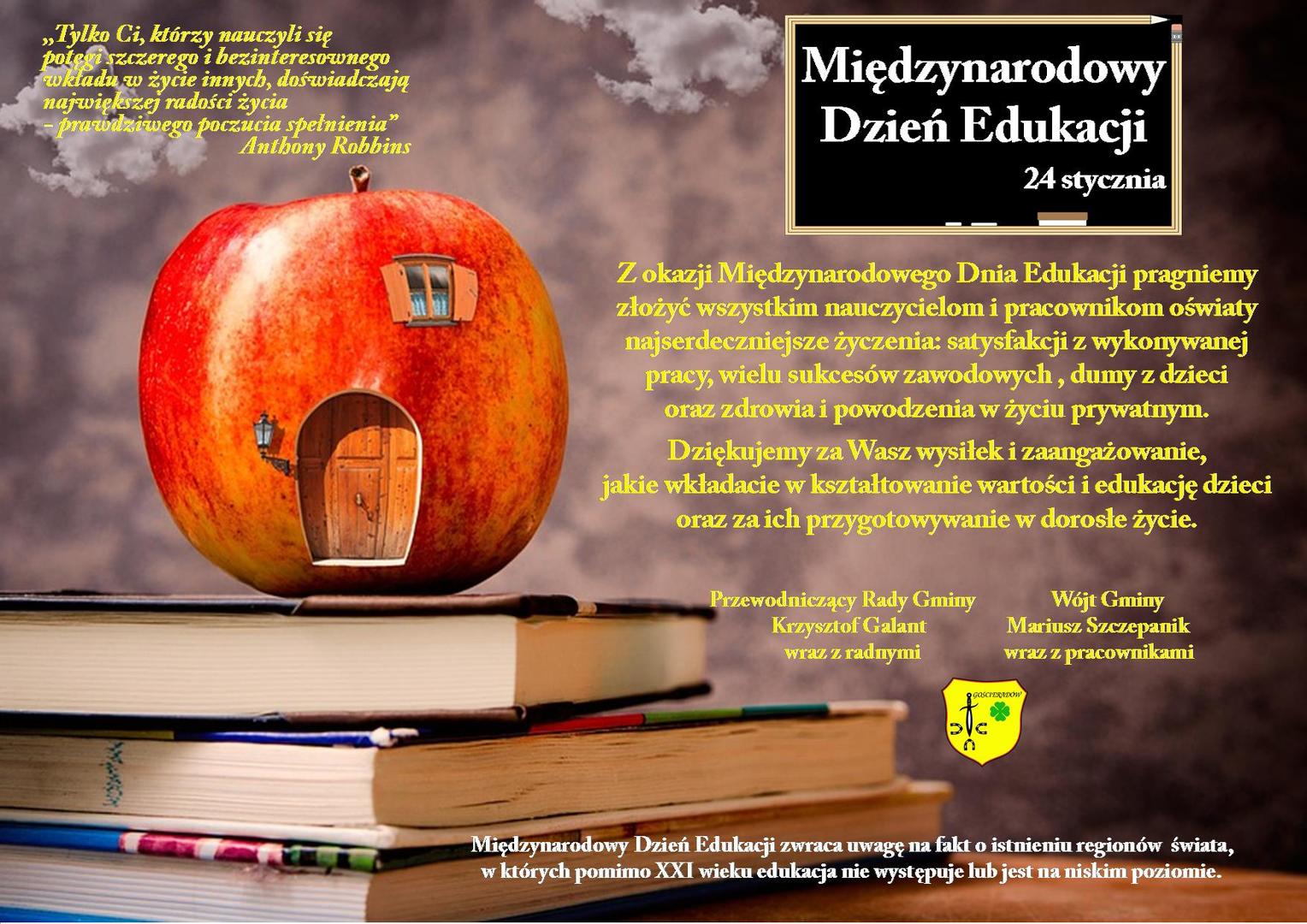 Zdjęcie książek z jabłkiem wraz z życzeniami