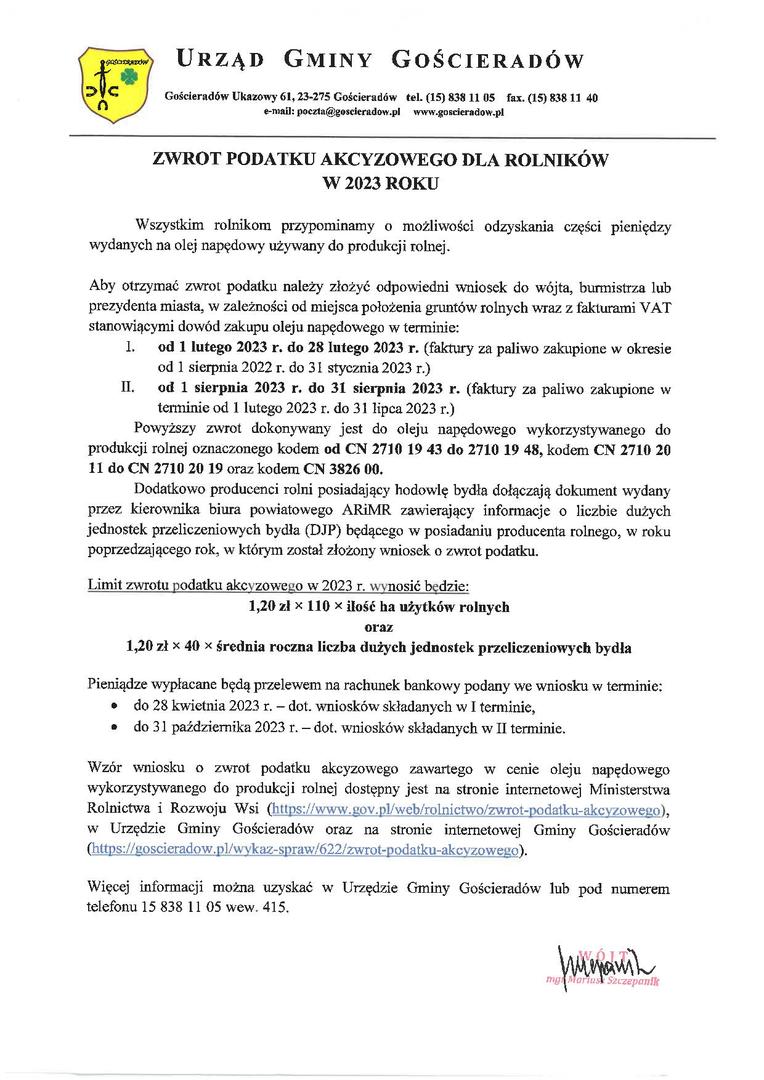 Zdjęcie informacji w sprawie zwrotu podatku akcyzowego