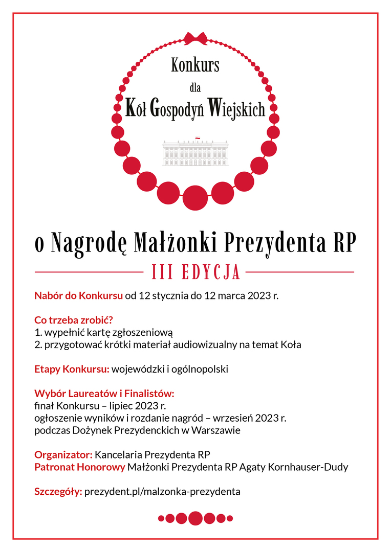 Plakat z informacją o konkursie i grafiką pałacu prezydenckiego