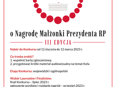 Plakat z informacją o konkursie i grafiką pałacu prezydenckiego