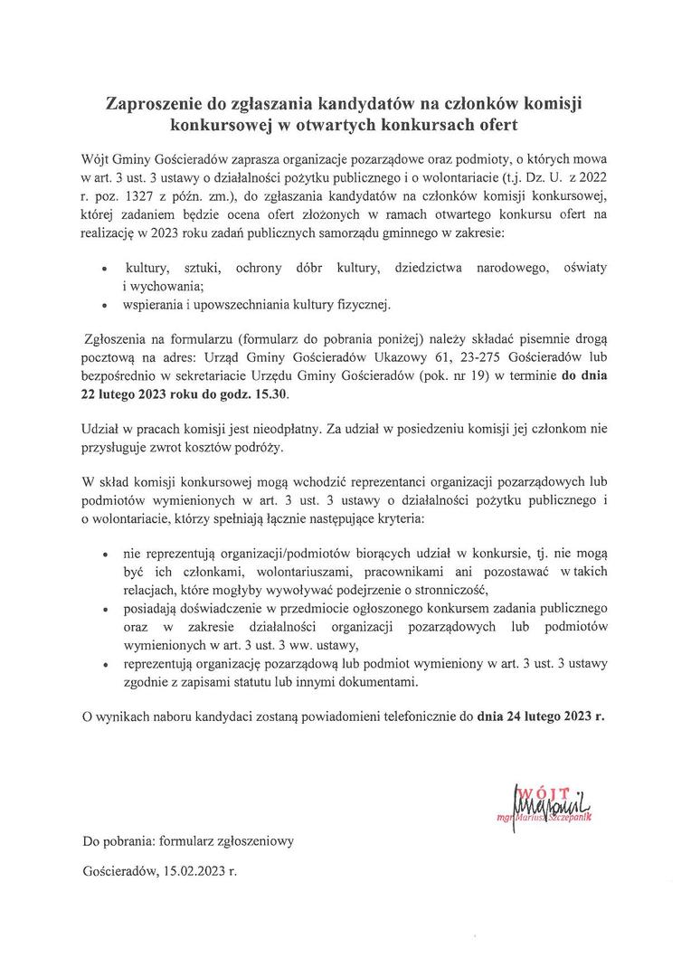 Zdjęcie zaproszenia do zgłaszania kandydatów na członków komisji konkursowej w otwartych konkursach ofert