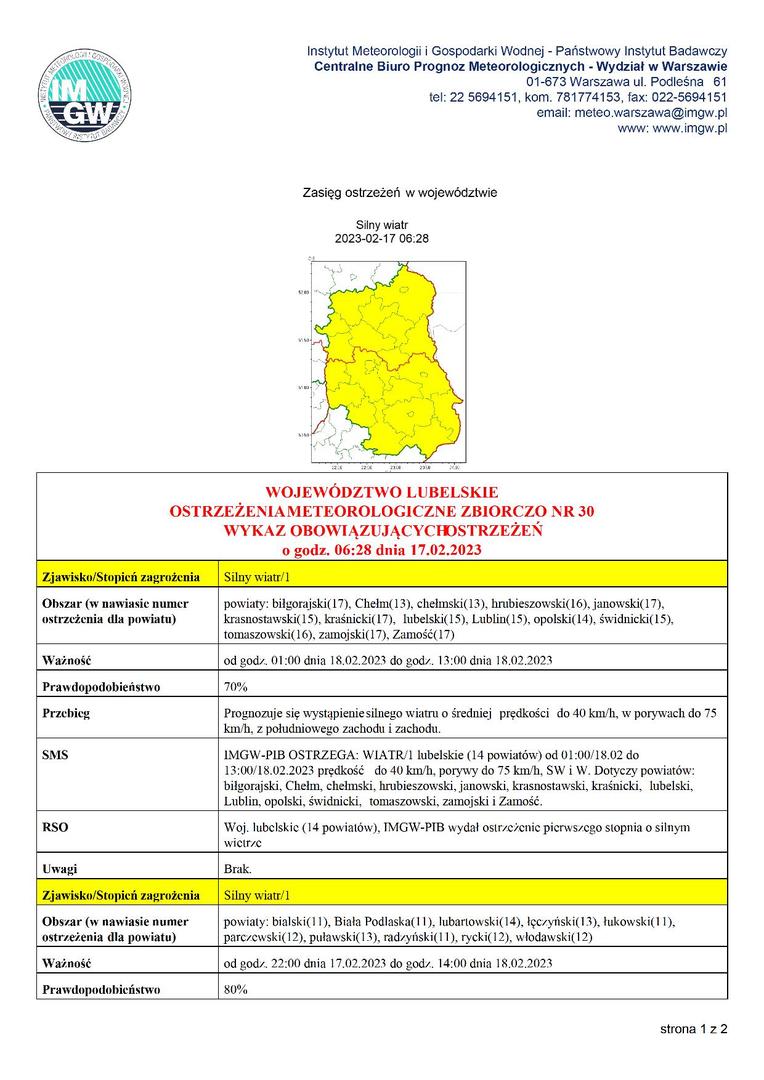 Zdjęcie OSTRZEŻENIA METEOROLOGICZNEGO ZBIORCZO NR 30 - silny wiatr